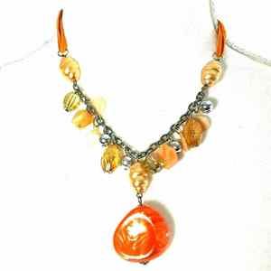 Womens‎ Orange Beaded Pendant Silvertone Chain Necklace